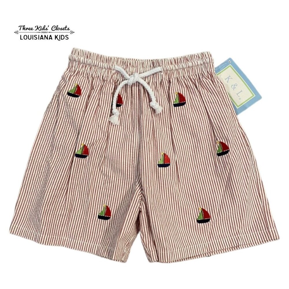 NEW K&L Sz 6 Red Seersucker Embroidered Sailboat Swim Trunks